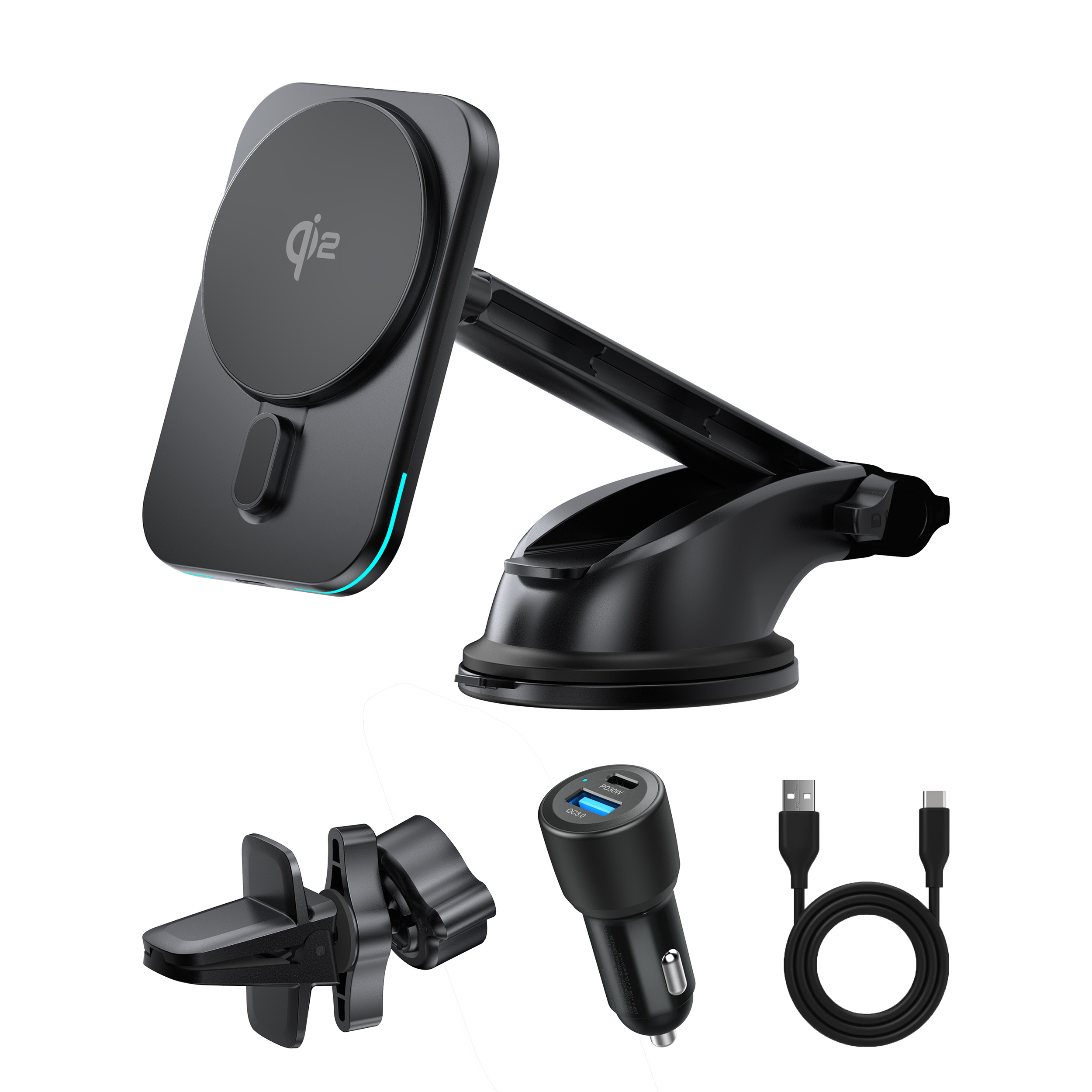 Telefoonhouders Auto - MagSafe Autohouder - Geschikt voor MagSafe iPhone 16/15/14/13/12 - Draadloos laden - Ventilatierooster & Zignap - Met 60 Watt Autolader - Qi2 gelicenseerd - 15 Watt Oplader - GSM houder auto - 360° Rotatie - Zwart (PSQ2-CAR-SC)