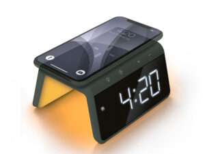 Digital alarm clock with wireless charger - Dual Alarm clock with Wake Up Light - Midnight Green (HCG019QI -MG)