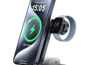 Caliber 3 in 1 Draadloze Oplader - Oplaadstation - 22,5W Snellader Qi2 Gecertificeerd - Geschikt voor iPhone, Apple Watch, Airpods - MagSafe oplader - Opvouwbaar - Zwart
