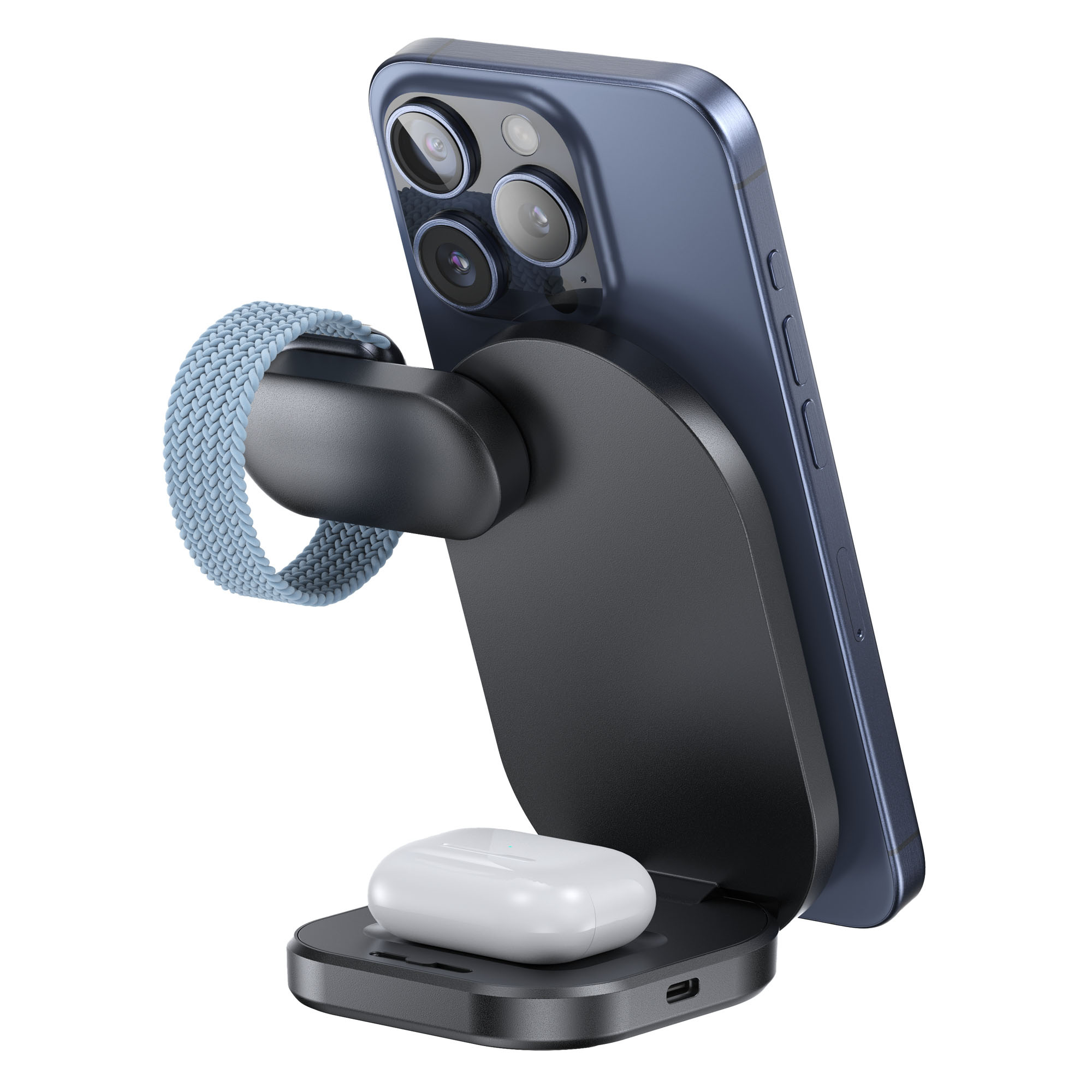 Chargeur Sans Fil 3-en-1 Caliber – Station de Charge – Charge Rapide 22,5W Certifiée Qi2 – Compatible avec iPhone, Apple Watch, AirPods – Chargeur MagSafe – Pliable – Noir – Image 2