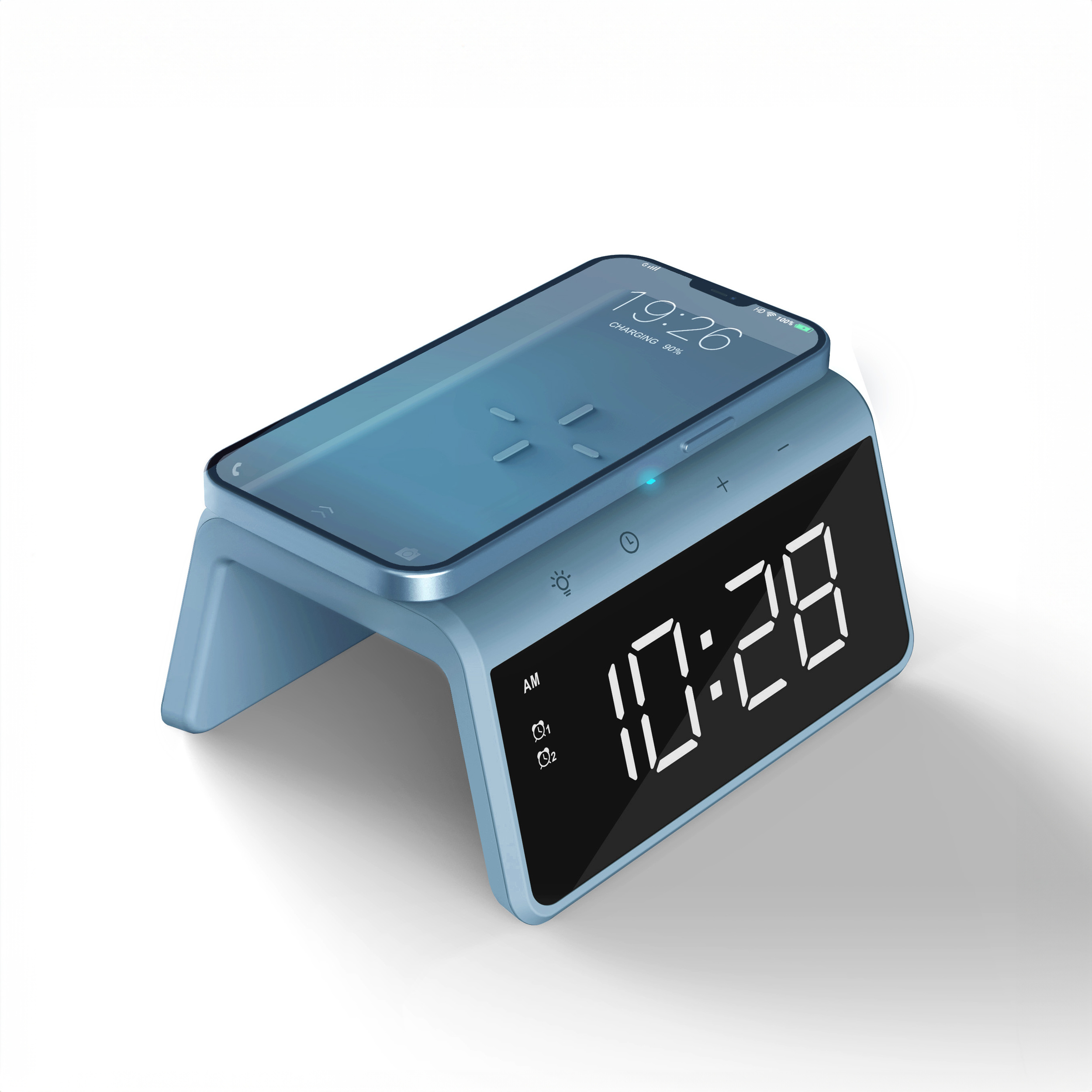 Digital alarm clock with wireless charger - Dual Alarm clock with Wake Up Light - Pacific Blue (HCG019QI -PB)